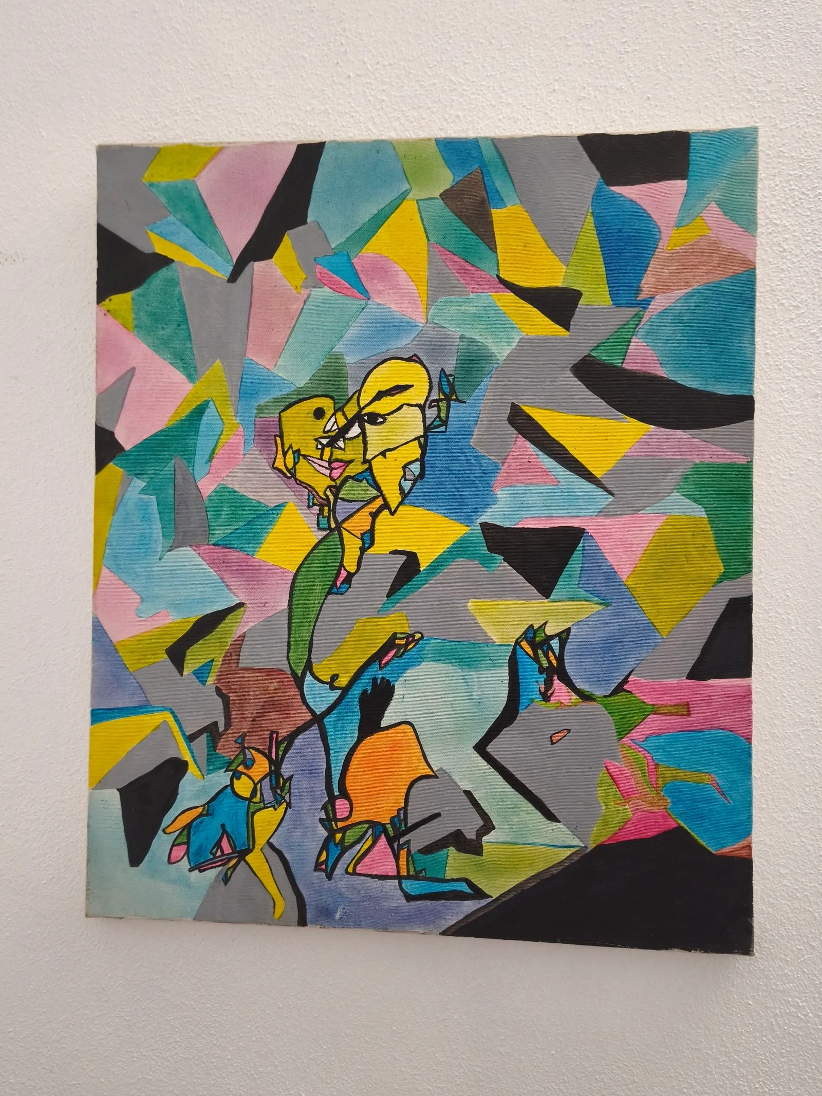Pintura em tela abstrato com formas geométricas e cores vibrantes.